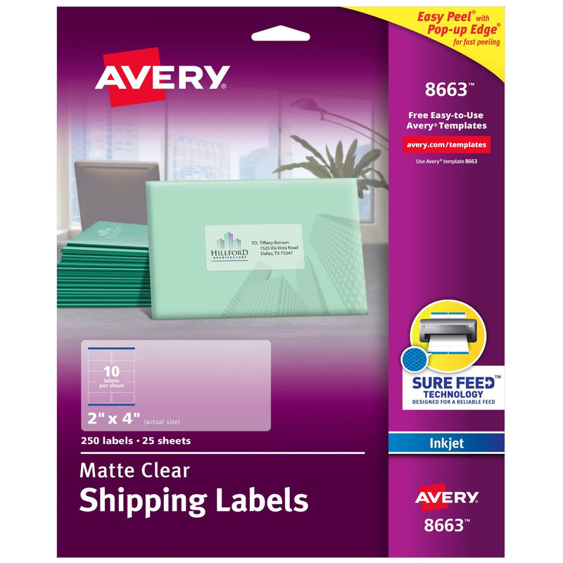 Avery Matte Frosted Clear Address Labels for Inkjet Printers, 2" x 4", 250 Labels (8663) 1 Pack - LeoForward Australia