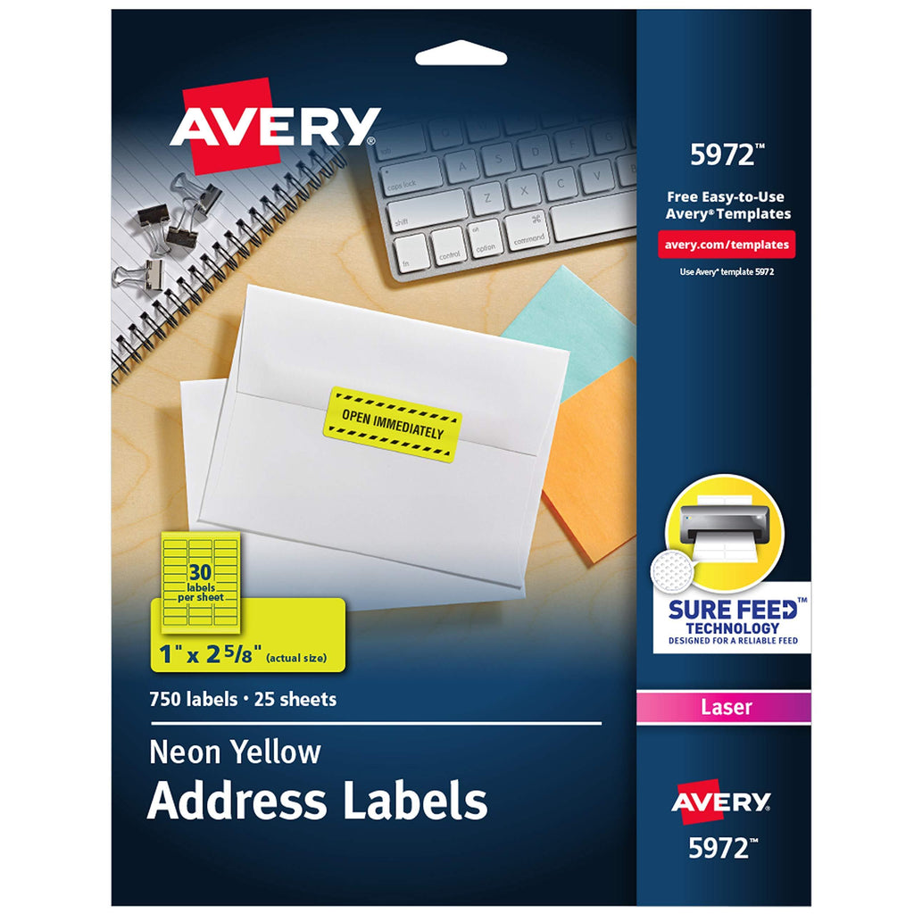 Avery Neon Address Labels with Sure Feed for Laser Printers, 1 x 2 5/8", 750 Yellow Stickers (5972) 750 Labels Neon Yellow - LeoForward Australia
