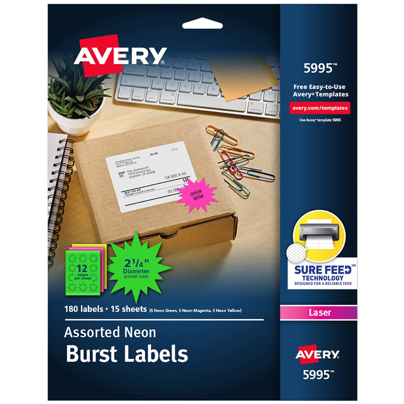 AVERY Neon Address Labels with Sure Feed for Laser Printers, 2-1/4", Assorted Colors, 180 Burst Labels (5995) Neon Green;neon Magenta;neon Yellow - LeoForward Australia
