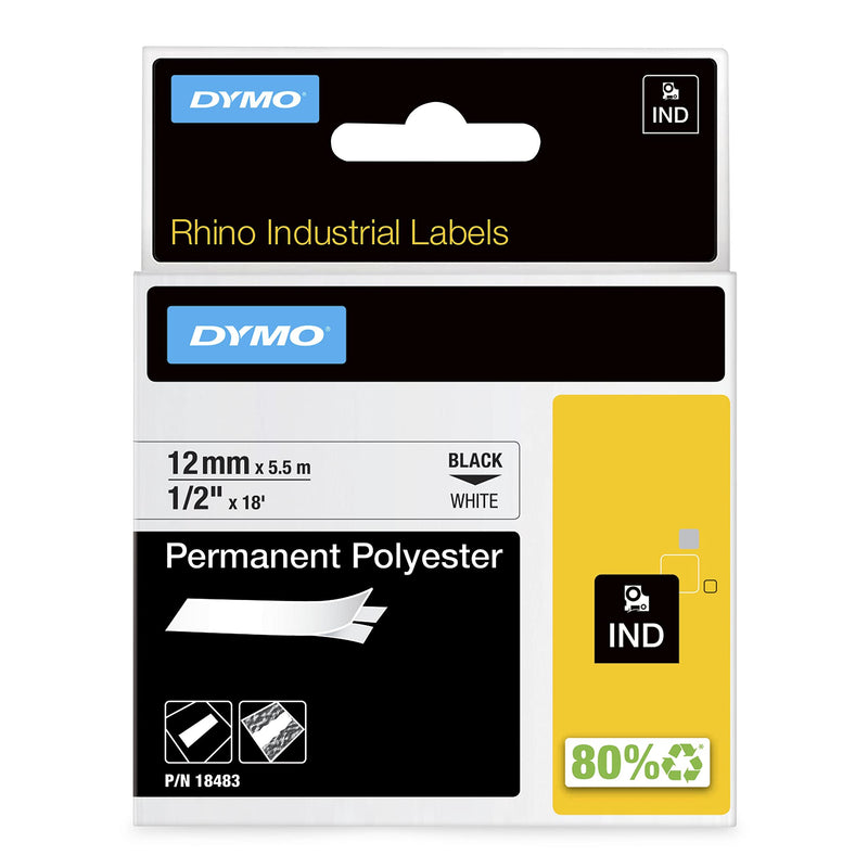  [AUSTRALIA] - DYMO Authentic Industrial Permanent Labels for LabelWriter and Industrial Label Makers, Black on White, 1/2", 1 Roll (18483), DYMO Authentic 1/2"
