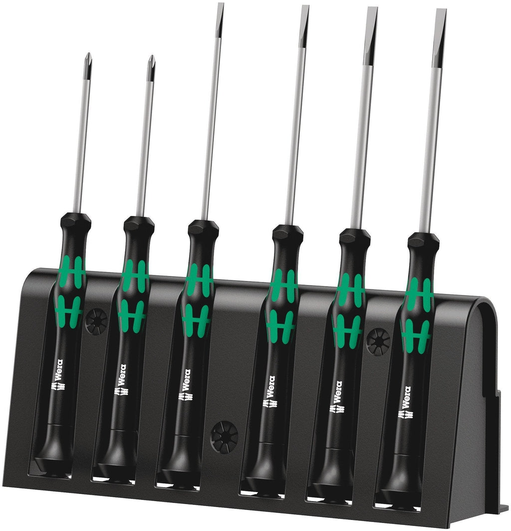  [AUSTRALIA] - Wera 2035/6 A Kraftform Micro Slotted/Phillips Electronics Screwdriver Set and Rack, 6-Pieces Slotted: 1.8x60mm, 2x60mm, 2.5x80mm, 3x80mm. Phillps: 00x60mm, 0x60mm