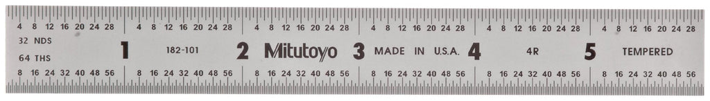  [AUSTRALIA] - Mitutoyo 182-101, Steel Rule, 6" (4R), (1/8, 1/16, 1/32, 1/64"), 3/64" Thick X 3/4" Wide, Satin Chrome Finish Tempered Stainless Steel