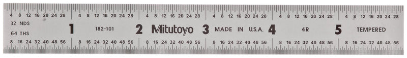  [AUSTRALIA] - Mitutoyo 182-101, Steel Rule, 6" (4R), (1/8, 1/16, 1/32, 1/64"), 3/64" Thick X 3/4" Wide, Satin Chrome Finish Tempered Stainless Steel