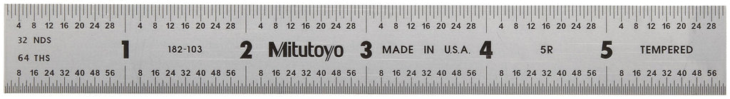  [AUSTRALIA] - Mitutoyo 182-103, Steel Rule, 6" (5R), (1/32, 1/64", 1/10", 1/100"), 3/64" Thick X 3/4" Wide, Satin Chrome Finish Tempered Stainless Steel