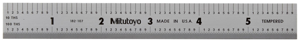 Mitutoyo 182-107, Steel Rule, 6"/150mm ( 1/10, 1/100", 1mm, 0.5mm), 3/64" Thick X 3/4" Wide, Satin Chrome Finish Tempered Stainless Steel - LeoForward Australia