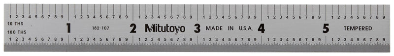 Mitutoyo 182-107, Steel Rule, 6"/150mm ( 1/10, 1/100", 1mm, 0.5mm), 3/64" Thick X 3/4" Wide, Satin Chrome Finish Tempered Stainless Steel - LeoForward Australia