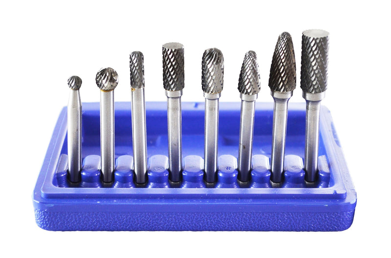 Astro Pneumatic Tool 2181 8-Piece Double Cut Carbide Rotary Burr Set 1/4" Shank in Blow Molded Case Standard length - LeoForward Australia