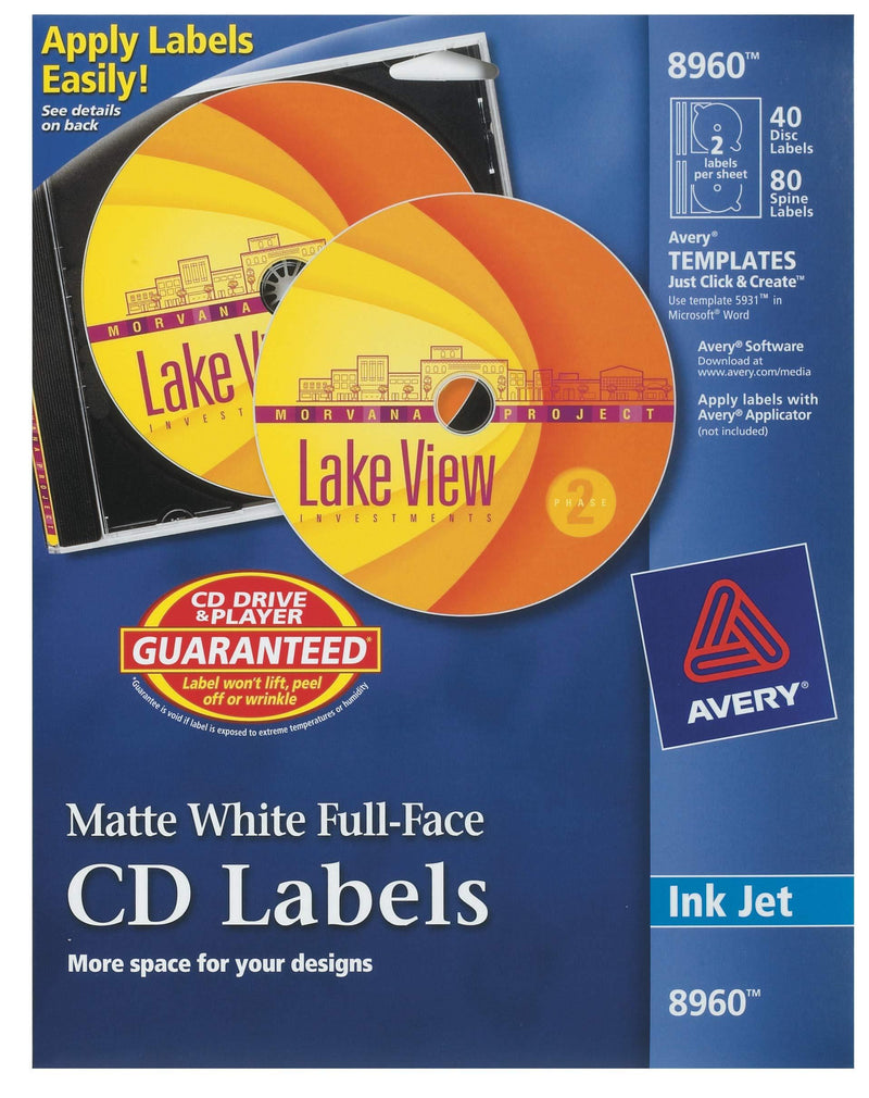 Avery CD Labels, White Matte, 40 CD Labels and 80 Spine Labels (8960) - LeoForward Australia