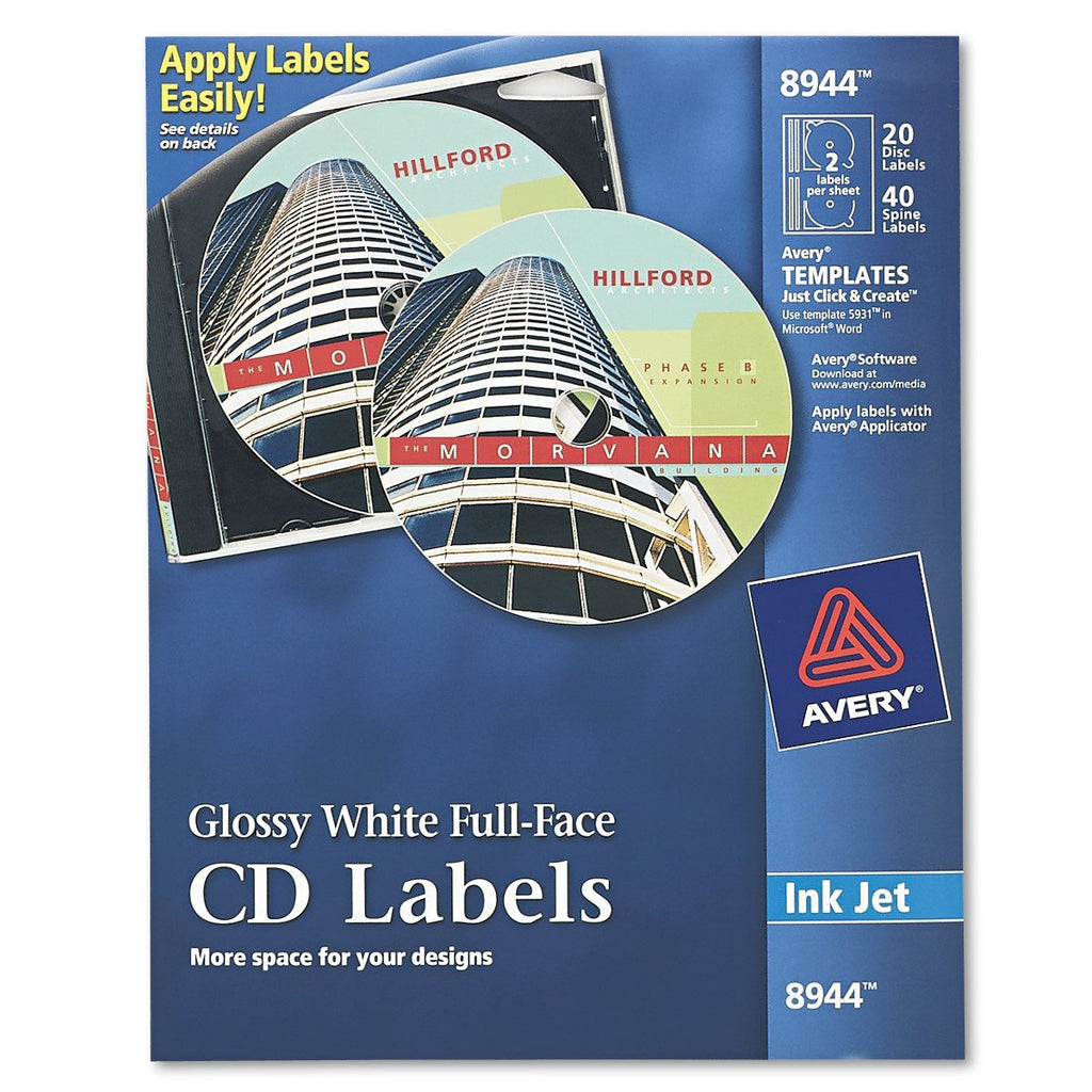 Avery Full-Face CD Labels for Inkjet Printers, Glossy White, 20 Disc Labels and 40 Spine Labels (8944) - LeoForward Australia