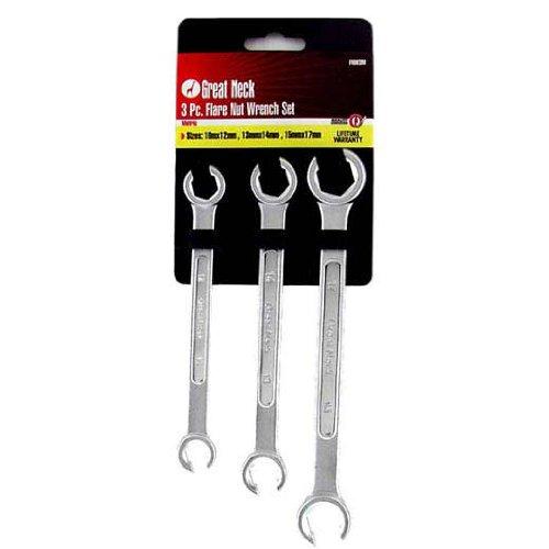  [AUSTRALIA] - GreatNeck FNW3M Flare Nut Wrench Set, Metric | Open Heads For Fastening Nuts to Tubing | Grips Soft-Metaled Fasteners Without Harm| Useful Car Repair Tool | Brake Lines, Power-Steering System & More 3PC Set Metric
