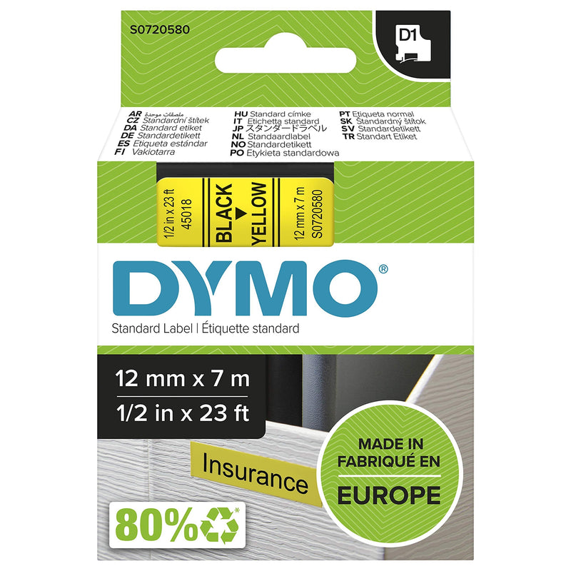  [AUSTRALIA] - DYMO D1 Labels, Black Print on Yellow, 12 mm x 7 m, Self-Adhesive Labels for LabelManager Label Printers, Authentic