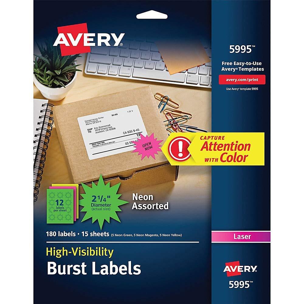AVERY 5994 High-Visibility Permanent ID Label Bursts, Laser, 1 1/2 dia, Asst. Neon, Pack of 360, Neon Green;neon Magenta;neon Yellow - LeoForward Australia