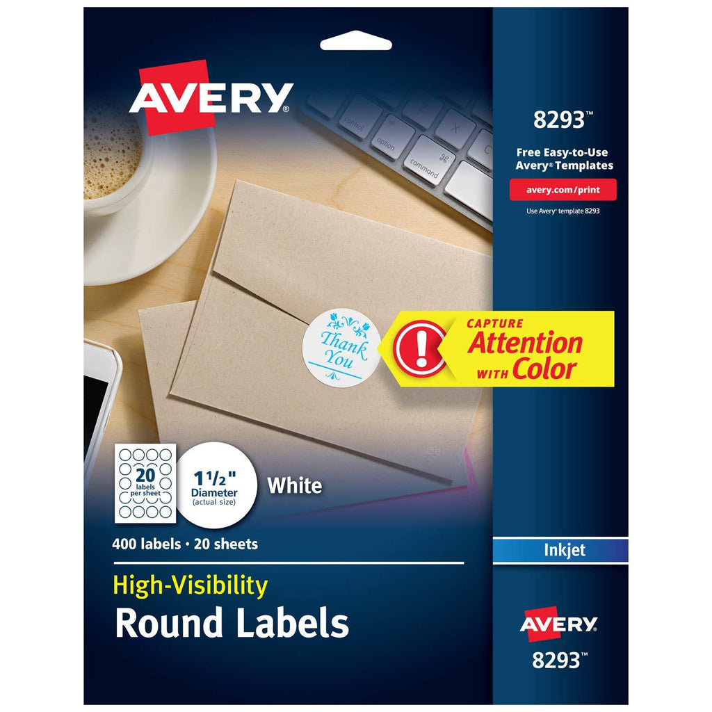 Avery White Round Labels with Sure Feed, 1.5" Diameter, 400 Labels -- Make Custom Stickers (8293) - LeoForward Australia