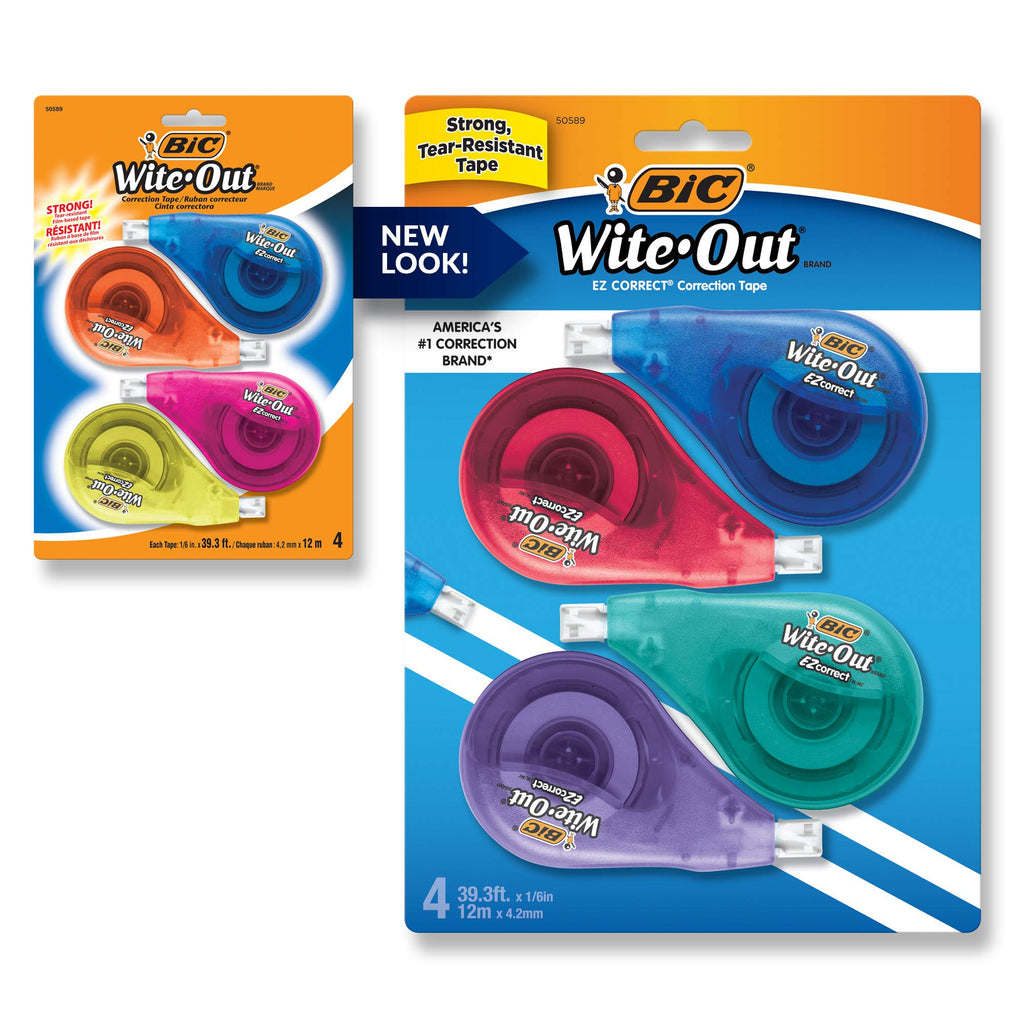  [AUSTRALIA] - BIC Wite-Out Brand EZ Correct Correction Tape - Applies Dry, White, Clean & Easy To Use, Tear-Resistant Tape, 4-Count, Dispenser colors may vary 4 Count