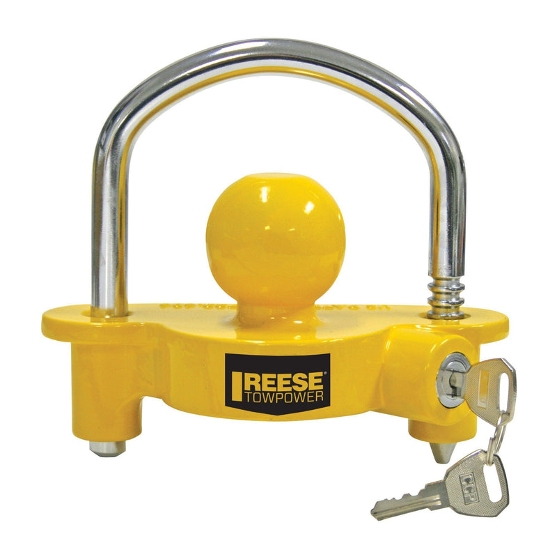  [AUSTRALIA] - REESE Towpower 72783 Universal Coupler Lock, Adjustable Storage Security, Heavy-Duty Steel, Yellow and Chrome 1