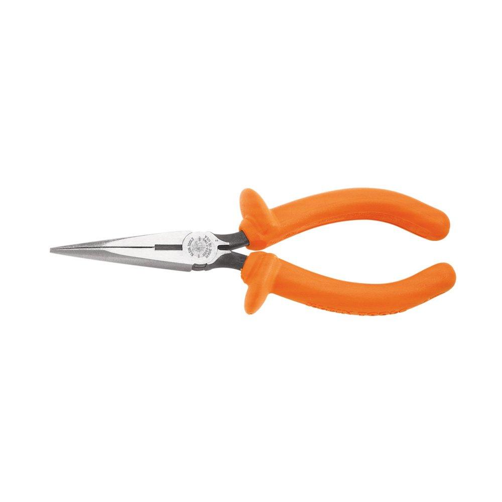 Klein Tools D203-6-INS Long Nose Pliers with Curved Handles, Forged Steel Knives and Dual Layer Insulation with Hand Guards 6-Inch Standard - LeoForward Australia