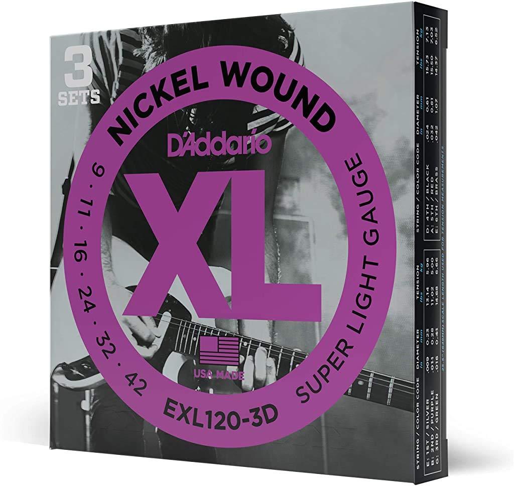D'Addario EXL120-3D Nickel Wound Electric Guitar Strings, Super Light, 9-42, 3 Sets 3-Pack - LeoForward Australia