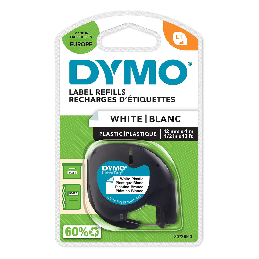  [AUSTRALIA] - Dymo S0721660 LetraTag Plastic Tape, Self-Adhesive, 12 mm x 4 m Roll, Black Print on White