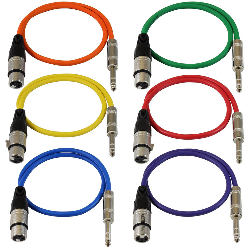  [AUSTRALIA] - GLS Audio 2ft Patch Cable Cords - XLR Female to 1/4" TRS Color Cables - 2' Balanced Snake Cord - 6 Pack 2 Ft. Multicolored