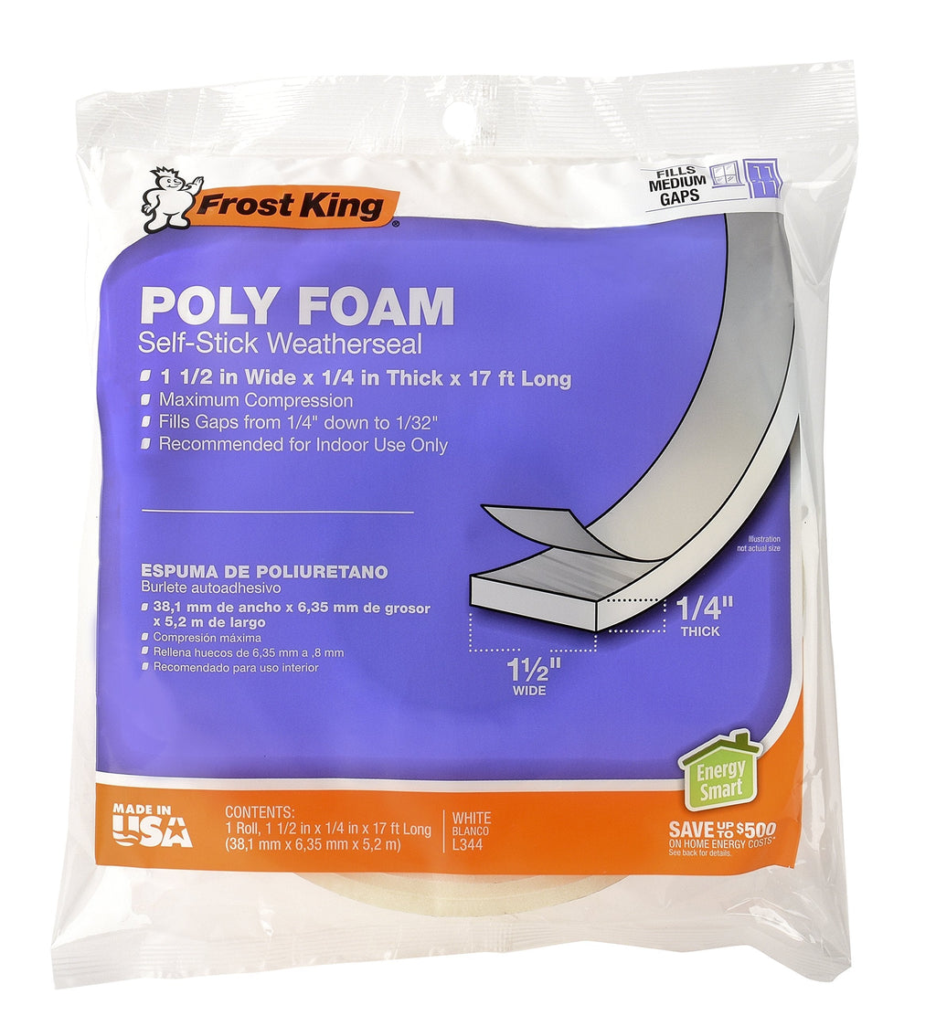  [AUSTRALIA] - Frost King L344H Poly Foam Self-Stick Weatherseal Tape with Open Cell & Maximum Compression, White 1-1/2in Wide x 1/4in Thick x 17ft Long