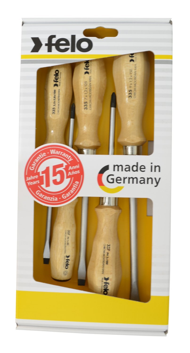 [AUSTRALIA] - Felo 07157 22155 Slotted and Phillips Wood Handle Screwdrivers, Set of 5 1 Pack Chrome Finish Blade w/Beechwood Grip