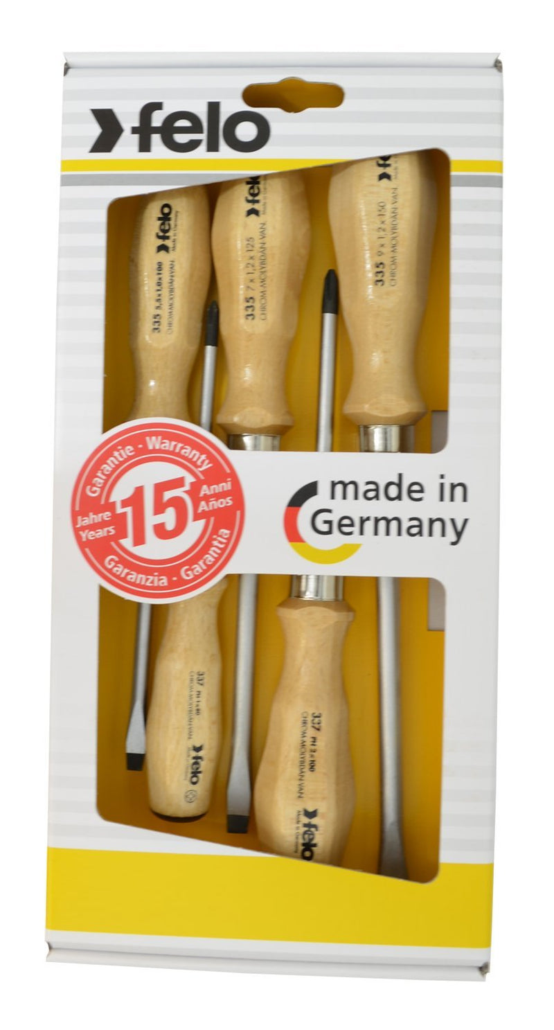  [AUSTRALIA] - Felo 07157 22155 Slotted and Phillips Wood Handle Screwdrivers, Set of 5 1 Pack Chrome Finish Blade w/Beechwood Grip