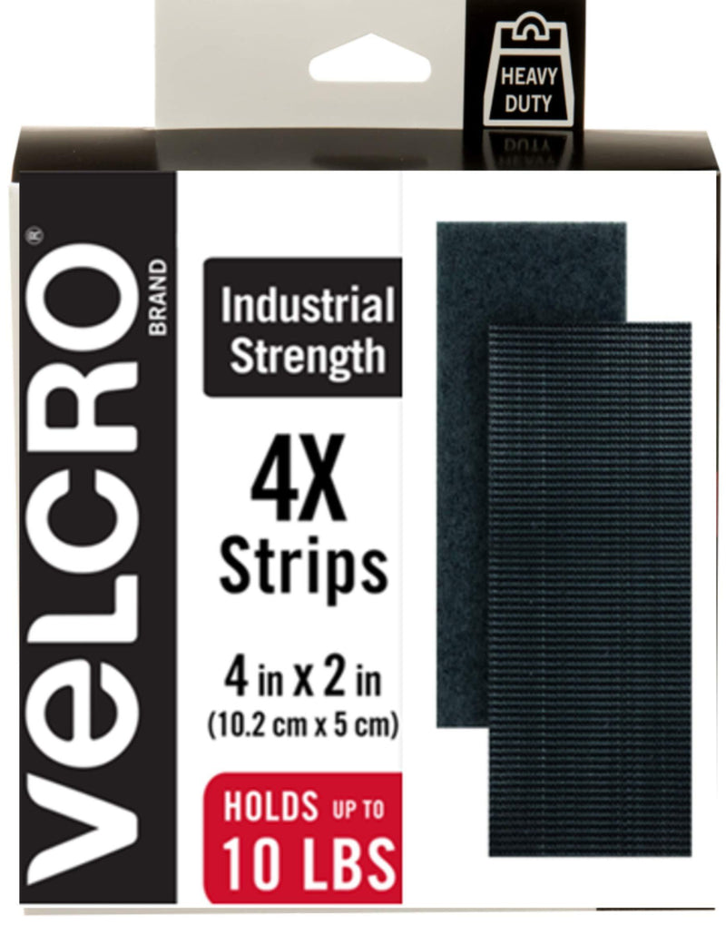 VELCRO Brand Heavy Duty Fasteners | 4x2 Inch Strips 4 Sets | Holds 10 lbs | Stick-On Adhesive Backed | Black Industrial Strength | For Indoor or Outdoor Use, 90209 4in x 2in (4pk) - LeoForward Australia