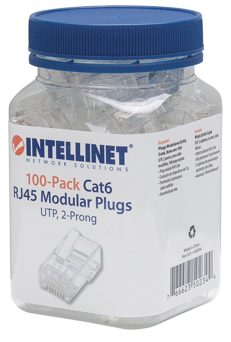  [AUSTRALIA] - Intellinet Cat6 RJ45 Connector Ends Set Modular Plugs (100 pcs) - with Two Prong Terminals for Stranded Wire & Gold Plated Contacts - for UTP Ethernet Cable Wire Applications & Improving Network Signal Performance