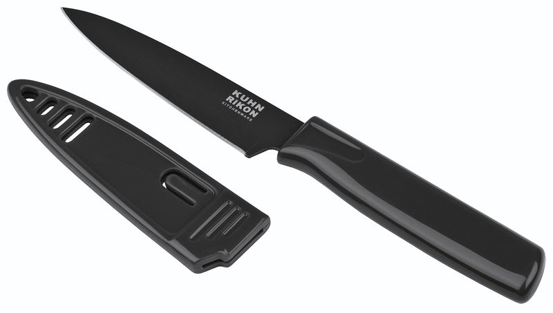 Kuhn Rikon Straight Paring Knife with Safety Sheath, 4 inch/10.16 cm Blade, Black - LeoForward Australia
