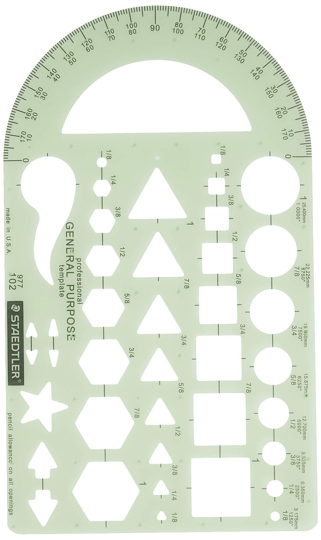 Staedtler Template, Geometric Shapes/Symbols, Protractor, Inch Scale, 9.5 x 5.5 Inches (977102) - LeoForward Australia