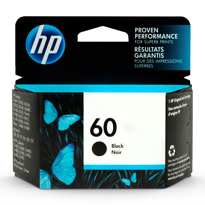 HP 60 | Ink Cartridge | Black | Works with HP DeskJet D2500 Series, F2430, F4200 Series, F4400 Series, HP ENVY 100, 110, 111, 114, 120, HP Photosmart C4600 Series, C4700 Series, D110a | CC640WN - LeoForward Australia