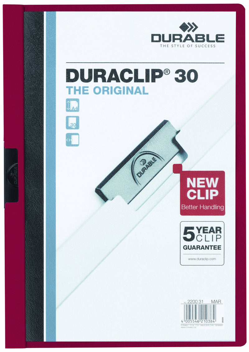  [AUSTRALIA] - DURABLE Vinyl DuraClip Report Cover with Clip, Letter, Holds 30 Pages, Clear/Maroon,(220331) 30 Sheet Capacity Maroon