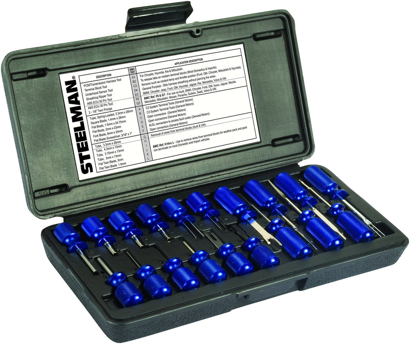 Steelman 19-Piece Master Terminal Tool Kit for Auto Techs, Removes Terminal Block Wires Without Damage, Includes: Tube, Flat, Fork Blade, Single Pin, Sheathing Ripper, & Others, - LeoForward Australia