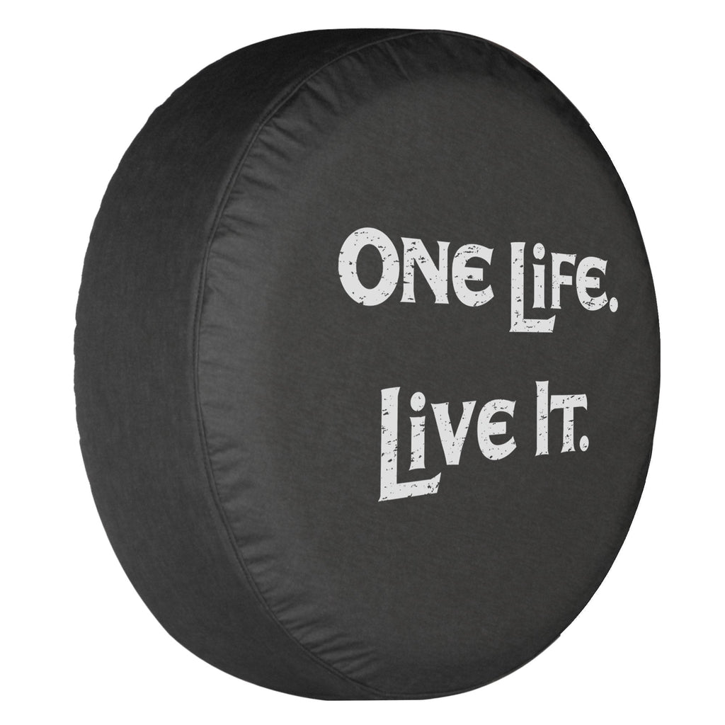 Boomerang 32" One Life Live It - Spare Tire Cover - (Black Denim Vinyl) - White Print - LeoForward Australia