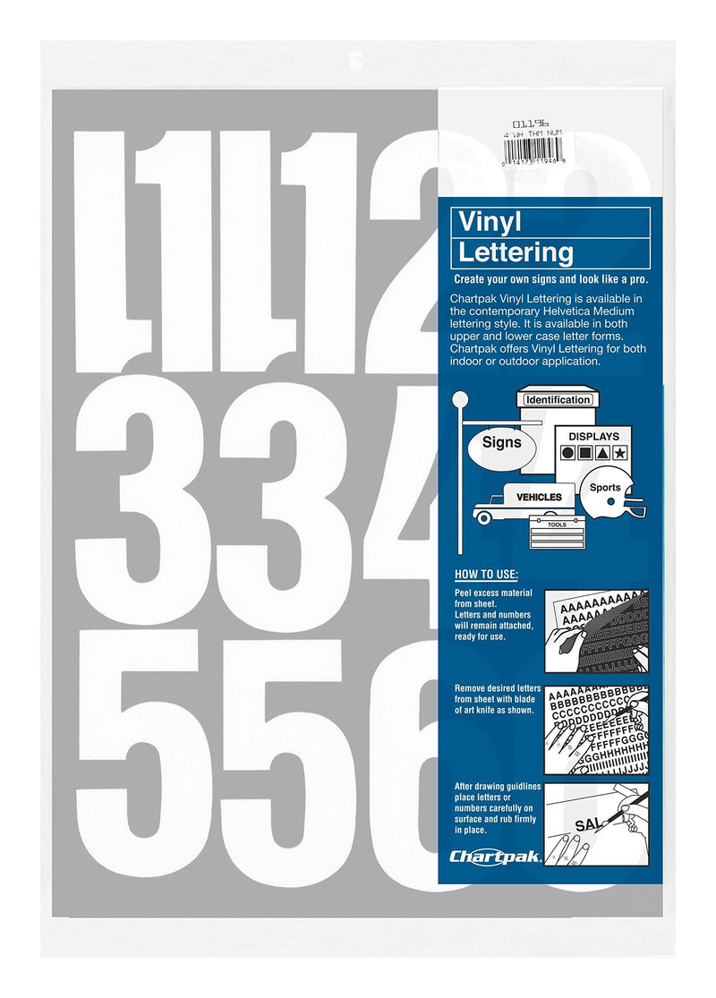 Chartpak Self-Adhesive Vinyl Numbers, 4 Inches High, White, 23 per Pack (01196) - LeoForward Australia