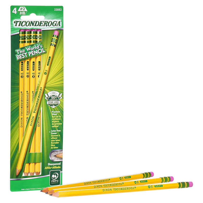 TICONDEROGA Pencils, Wood-Cased, Pre-Sharpened, Graphite #2 HB Soft, Yellow, 4-Pack (33882) 4 Count - LeoForward Australia