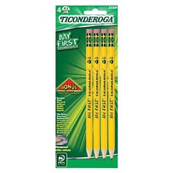  [AUSTRALIA] - TICONDEROGA My First Pencils, Wood-Cased #2 HB Soft, Pre-Sharpened with Eraser, Includes Bonus Sharpener, Yellow, 4-Pack (33309) 4 Count w/ Sharpener