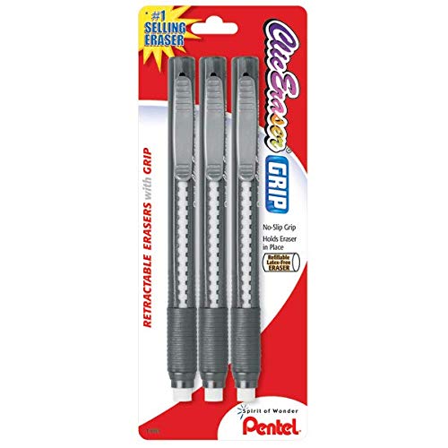  [AUSTRALIA] - Pentel ZE21BP3K6 Clic Eraser Pencil-Style Grip Eraser, Assorted colors(Pack of 3) Packaging may vary Black / Blue 1 Pack of 3 ZE21BP3-K6