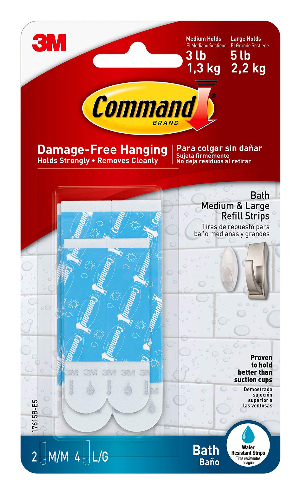  [AUSTRALIA] - Command Bath Water-Resistant Adhesive Refill Strips, Re-Hang Medium and Large Bath Hooks or Caddies, 2-Medium, 4-Large 4 Large Strips 2 Medium Strips White