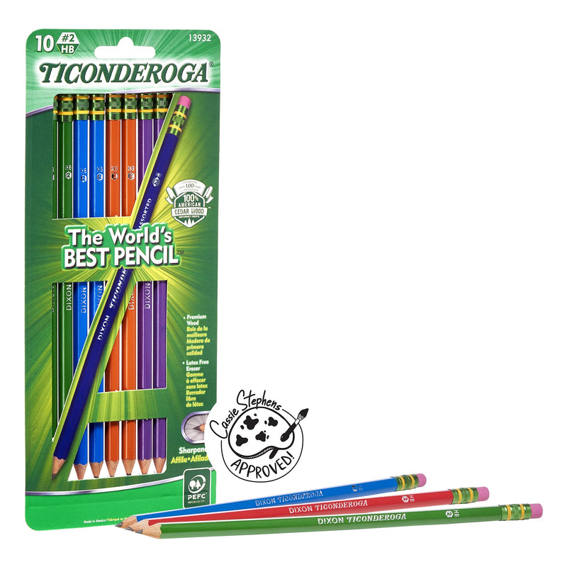  [AUSTRALIA] - TICONDEROGA Pencils, Wood-Cased Graphite, #2 HB Soft, Pre-Sharpened, Assorted Color Barrels, Black Lead, 10-Pack (13932)