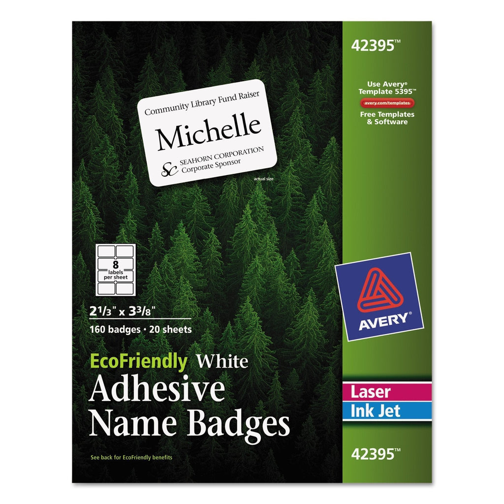Avery EcoFriendly Name Badge Labels for Laser and Ink Jet Printers, 2.33 x 3.375 Inches, White, Permanent, Pack of 160 (42395) - LeoForward Australia