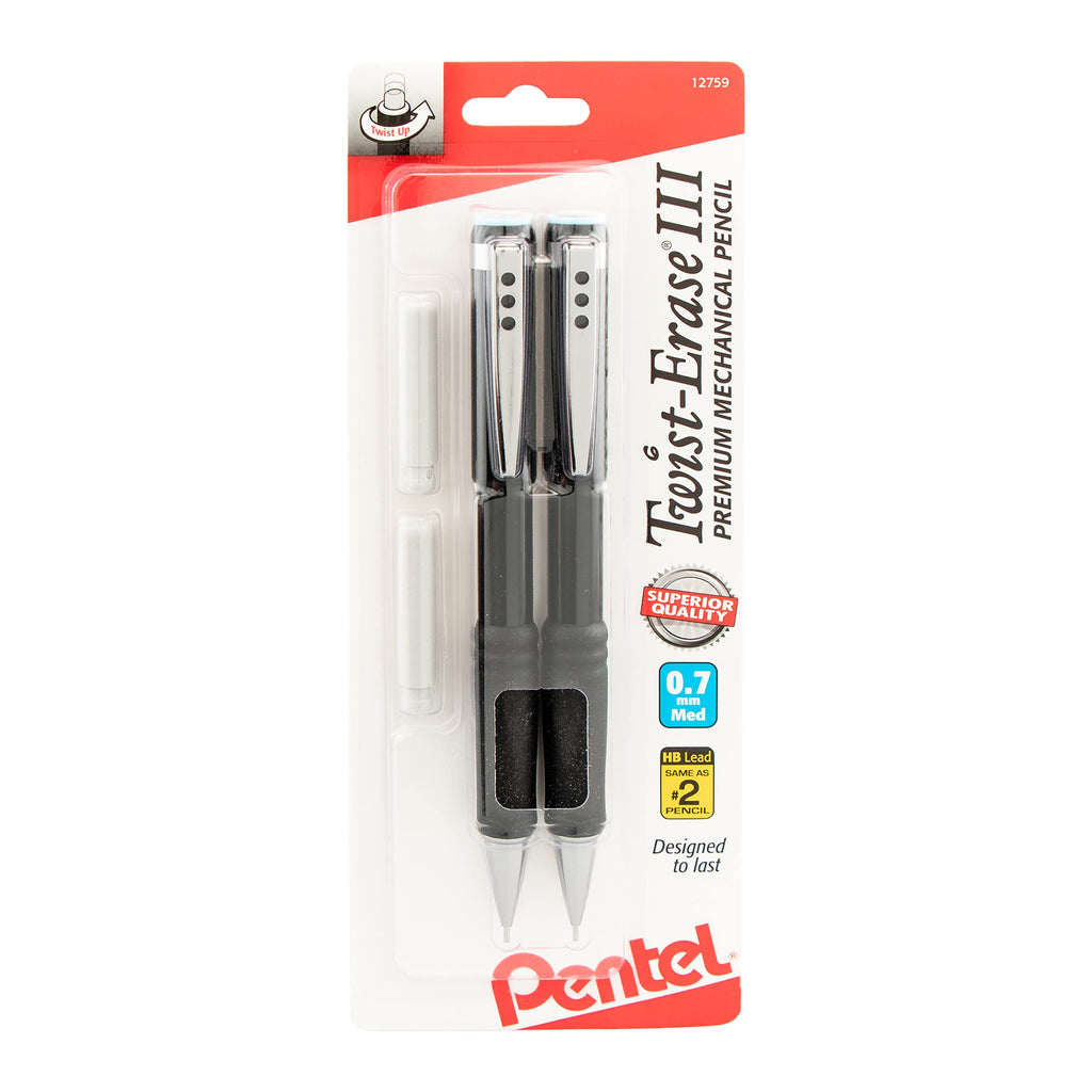  [AUSTRALIA] - Pentel® Twist-Erase® III Mechanical Pencils, 0.7mm, Assorted Barrel Colors, Pack Of 2 Pencils Single 0.7mm 2 pencils + 2 Eraser Black