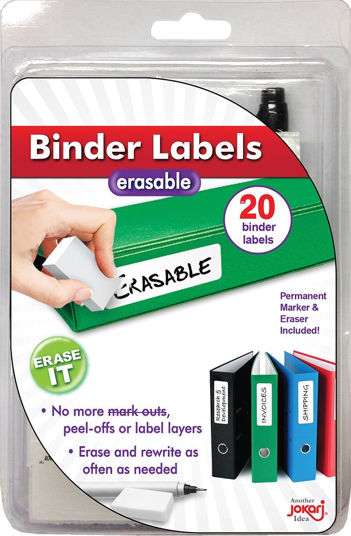  [AUSTRALIA] - Jokari Erasable Reusable Office and School Binder Labels, 3.4 x 1 Inch. Kit Includes 20 Pack of Stickers with Fine-Tipped Permanent Marker and Eraser