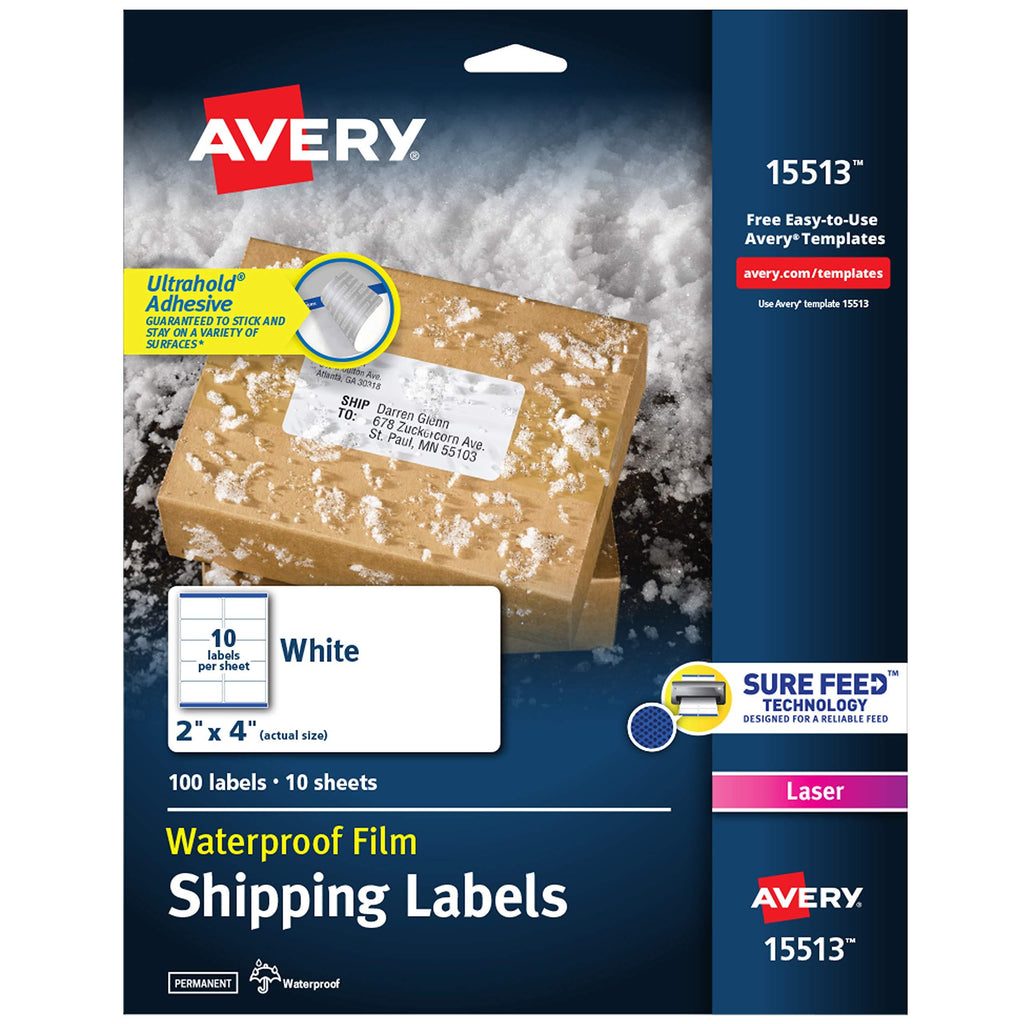 Avery Waterproof Shipping Labels with Sure Feed & TrueBlock 2" x 4", 100 White Laser Labels (15513) 100 Labels - LeoForward Australia