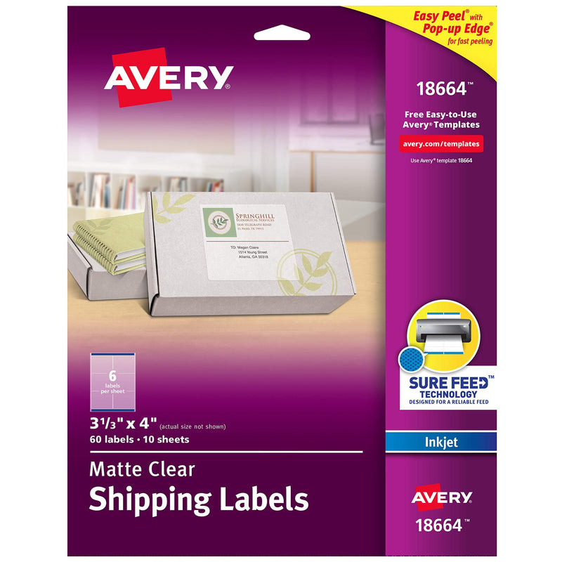 Avery Matte Frosted Clear Address Labels for Inkjet Printers, 3-1/3" x 4", 60 Labels (18664) 1 Pack - LeoForward Australia
