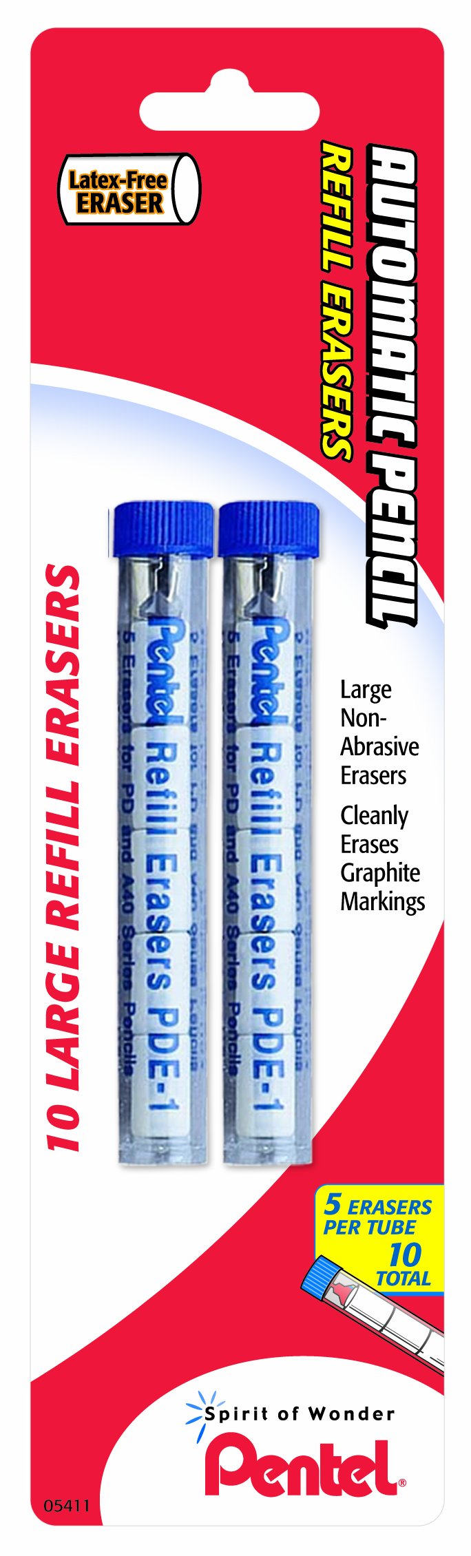  [AUSTRALIA] - Pentel PDE1BP2 Refill Eraser for AL, AX and PD Pencil Series 5 pieces per Tube, (2x tubes) White 5 Count (Pack of 2)