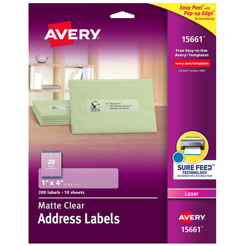 Avery Matte Frosted Clear Address Labels for Laser Printers, 1" x 4", 200 Labels (15661) - LeoForward Australia