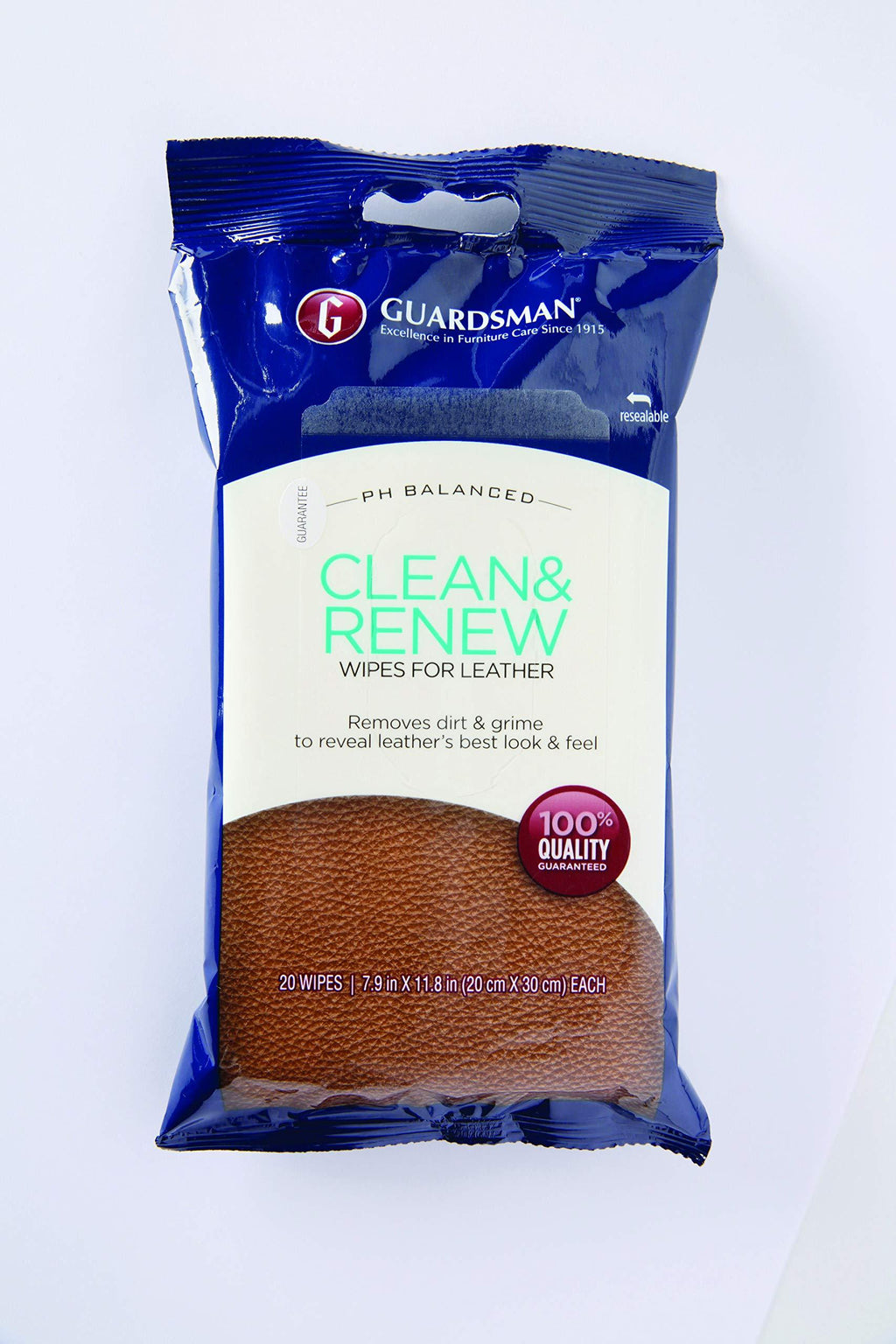  [AUSTRALIA] - Guardsman 470200 Clean & Renew Wipes Removes Dirt and Grime, for Leather Furniture & Car Interiors, 20 Count Clean and Renew Wipes