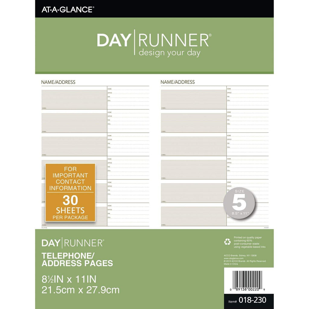  [AUSTRALIA] - Day Runner Telephone and Address Pages, Refill, Loose-Leaf, Undated, for Planner, 8-1/2" x 11", Size 5, 30 Sheets/Pack (018-230)