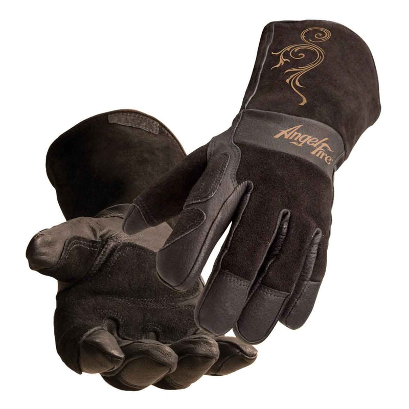  [AUSTRALIA] - AngelFire Stick/MIG Welding Gloves - Black with Beige Flourish, Size Small